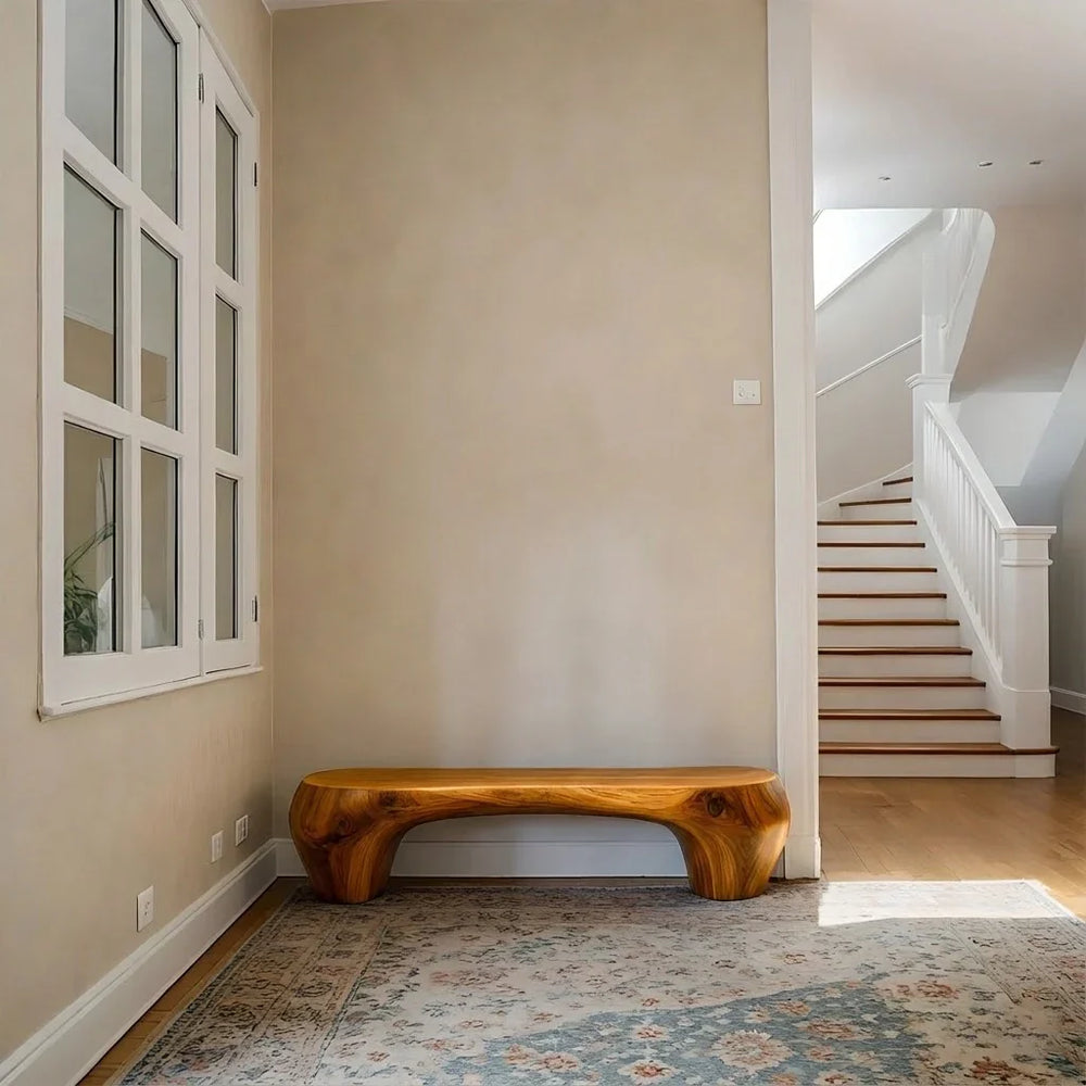 Curved Minimalist Bench in Natural Solid Wood – Soft Arch Form - Rustirawood