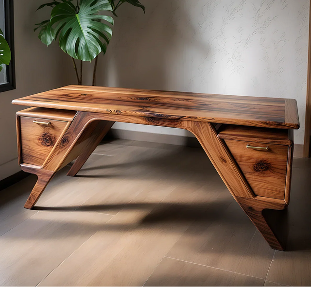 Handcrafted Natural Solid Wood Desk — Modern Angular Design - Rustirawood